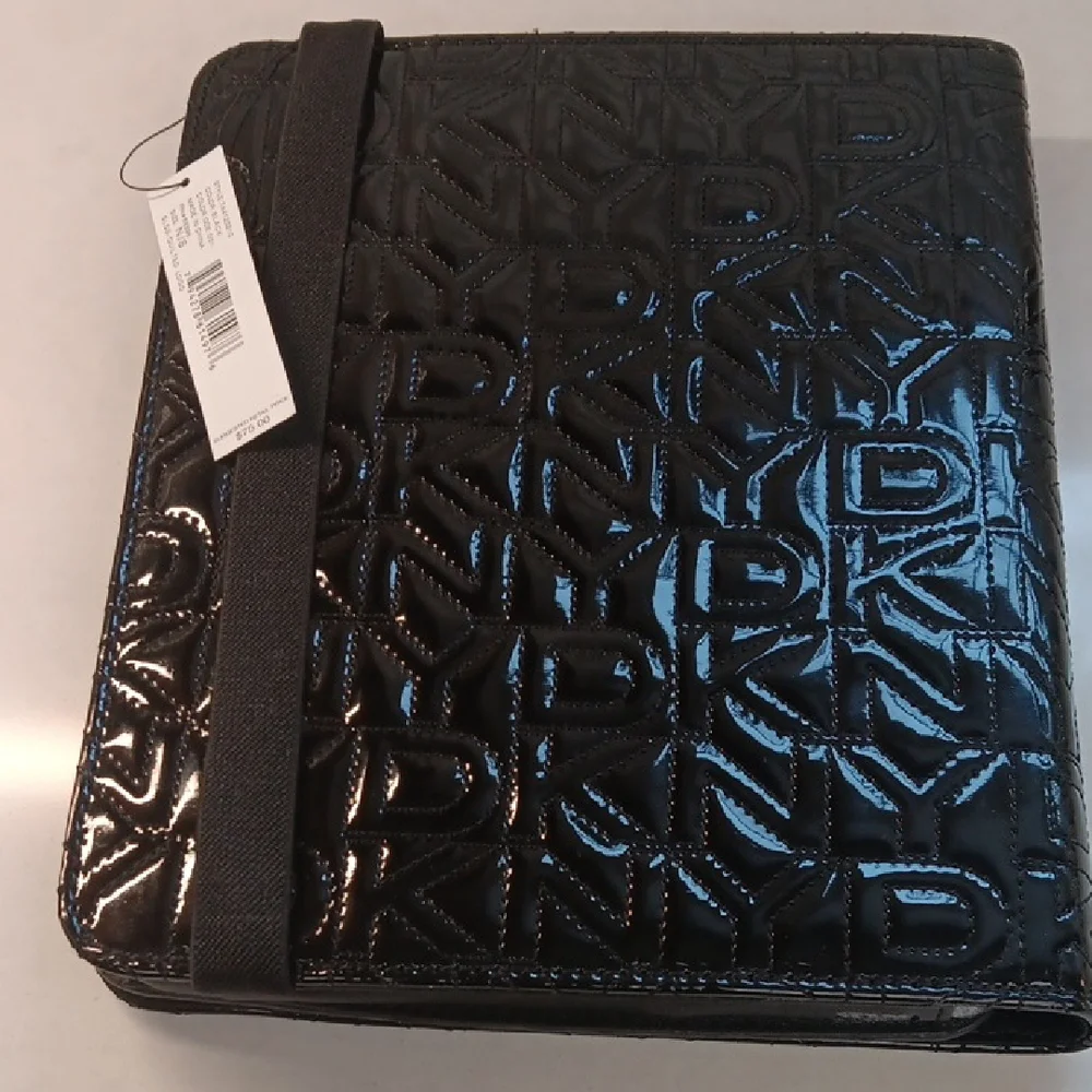DKNY Black Glossy Monogram Quited Logo Tablet Cover with Elastic Closure New